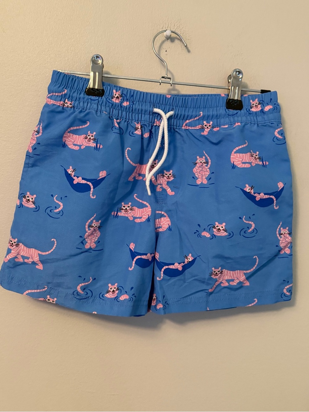 The Beaufort Bonnet Company Blue Swim Trunks with Pink Cat Print